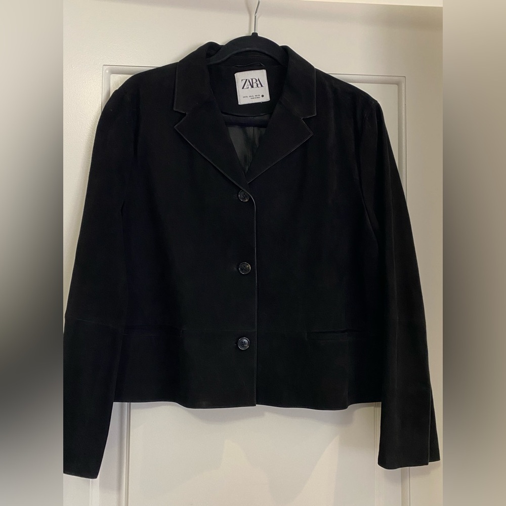 New Zara Black Cropped Real Goat Suede Leather Jacket - Size XL